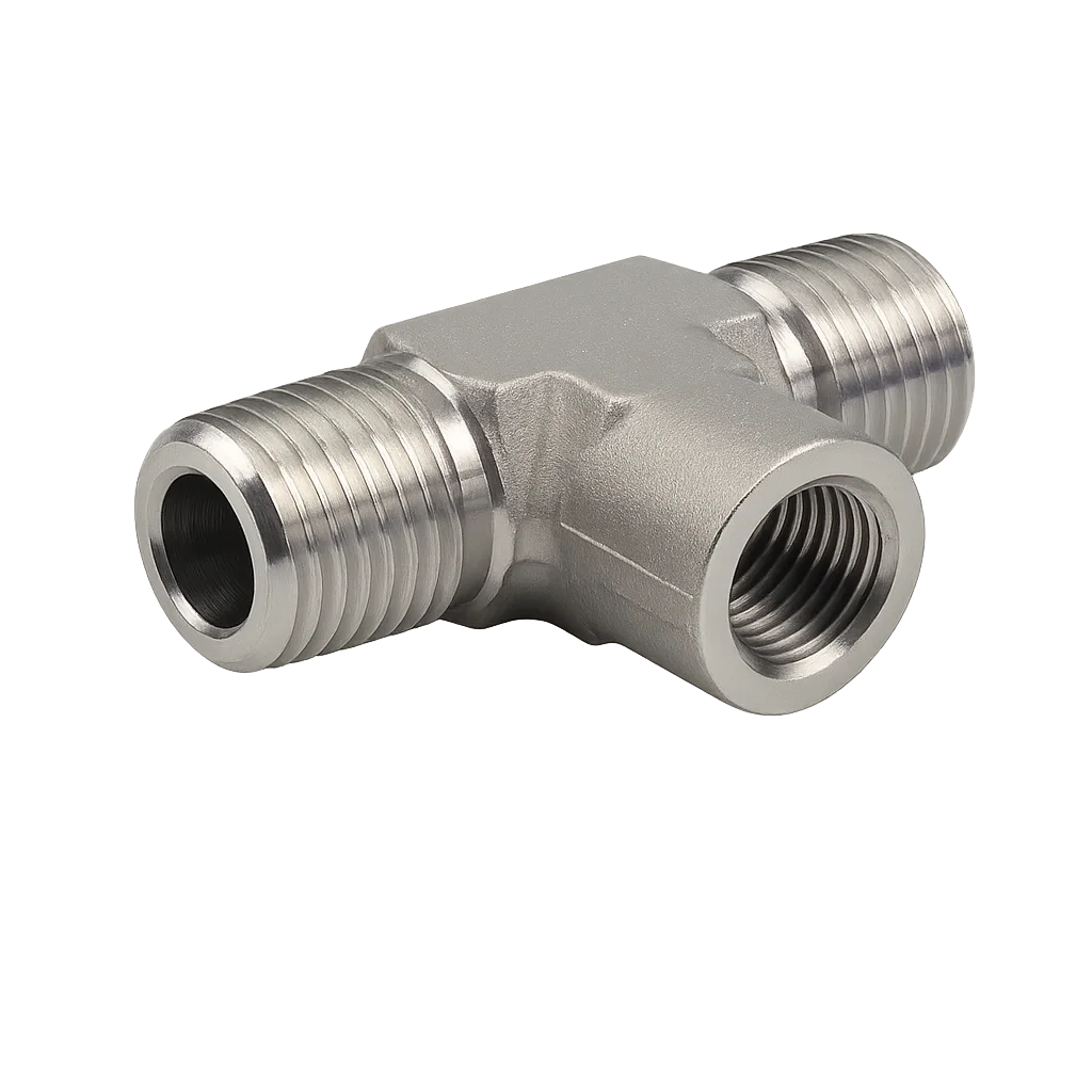 Тройник с внешними резьбами и внутренней резьбой снизу