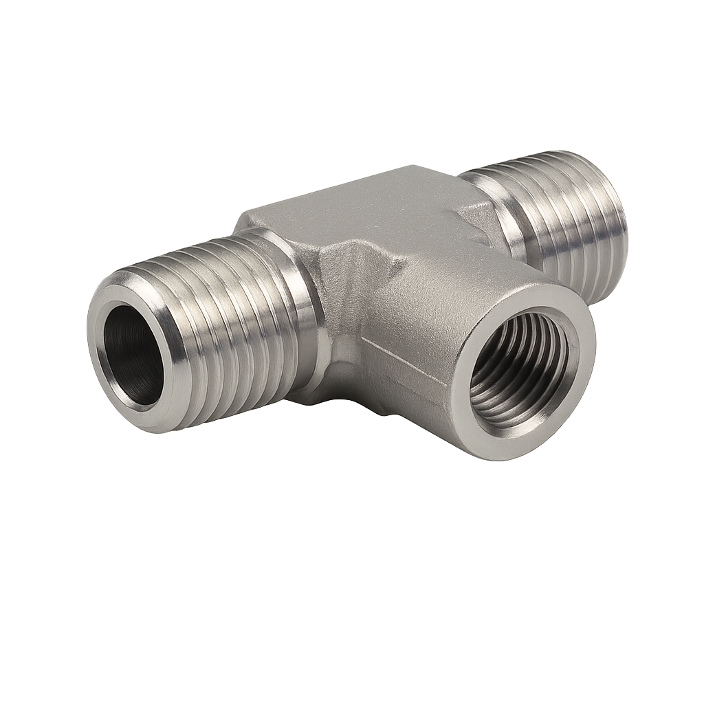 Тройник с внешними резьбами и внутренней резьбой снизу